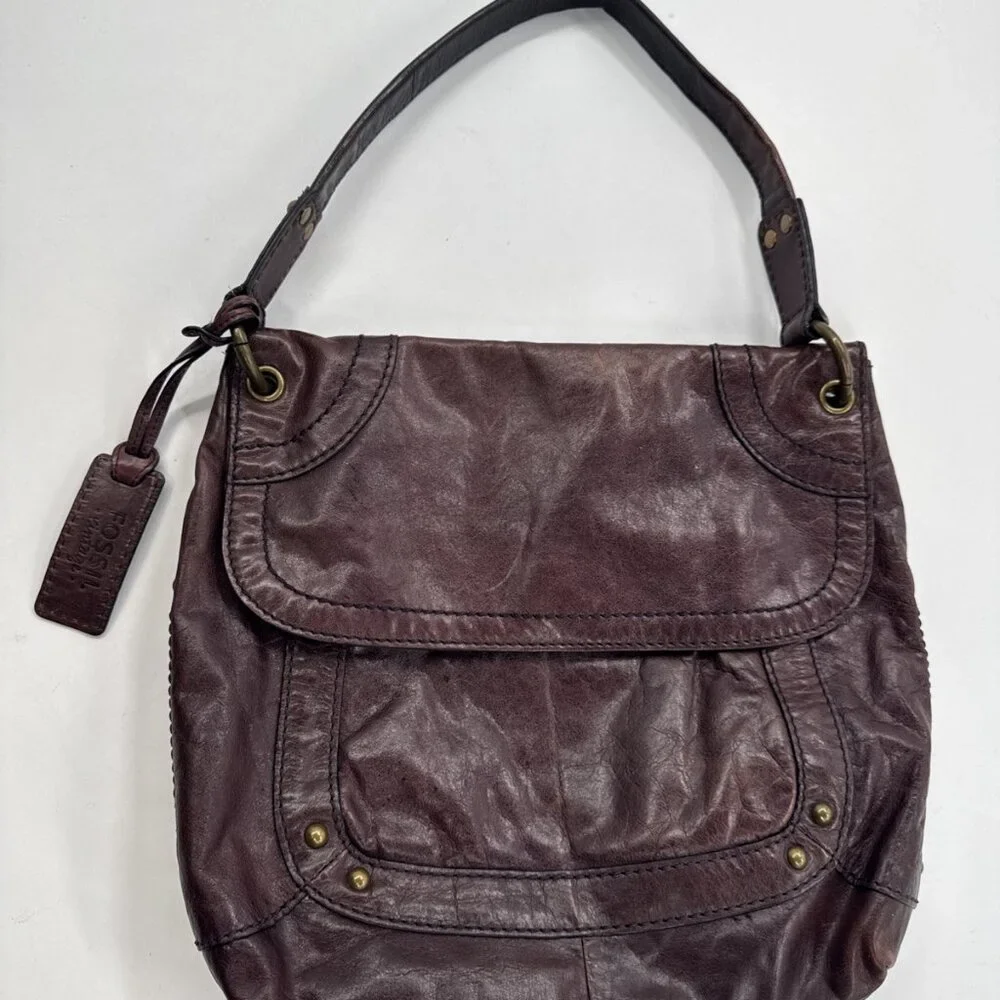 Vintage FOSSIL Leather Shoulder Messenger Bag Dark Plum Large Purse Y2K Hobnail